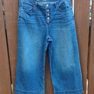 A.n.a. Womens High Rise Button Fly Wide Leg Crop Denim Jeans Size 16 Med Wash
